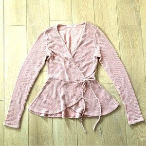 Caution to the Wind Peplum Wrap Long Sleeve Top in Rose Pink and White Size XS